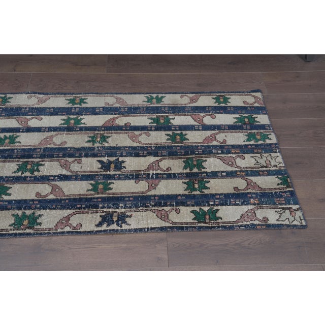 1970s Vintage Turkish Runner Rug - Navy Blue Vertical Striped & Cream Hallway Rug - Handwoven Anatolian Low-Pile Accent Carpet For Sale In San Francisco - Image 6 of 9