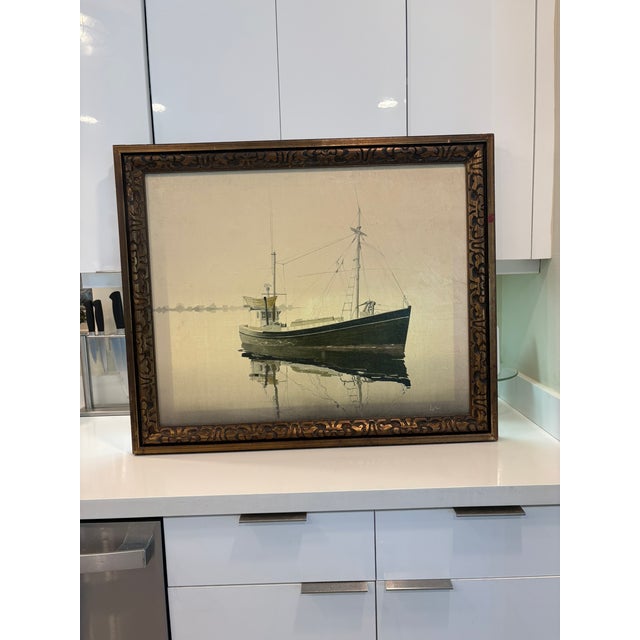 Mid-Century Modern Vintage Oil Painting of Nantucket Fishing Boat on Calm Water by Lytas For Sale - Image 3 of 6