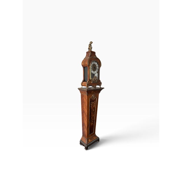 Antique Italian Louis XV Style Marquetry & Bronze Pedestal Clock - C. 1920 (2-Piece Set) For Sale - Image 4 of 15