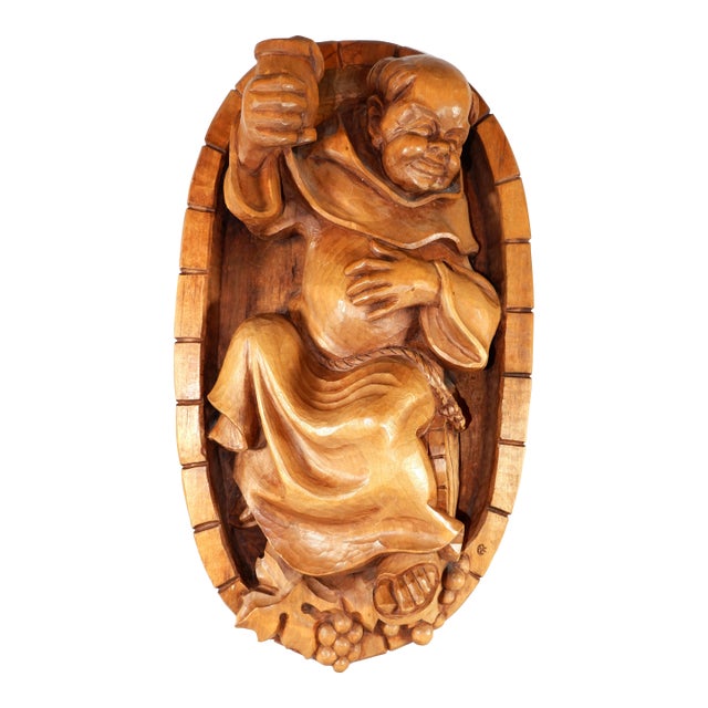Vintage German Wood Carving Monk With Wine Glass For Sale