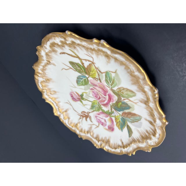 Ivory Antique French Limoges Hand Painted Rose Cabinet Plate, Gilt Scalloped Edge, c.1900 For Sale - Image 8 of 8