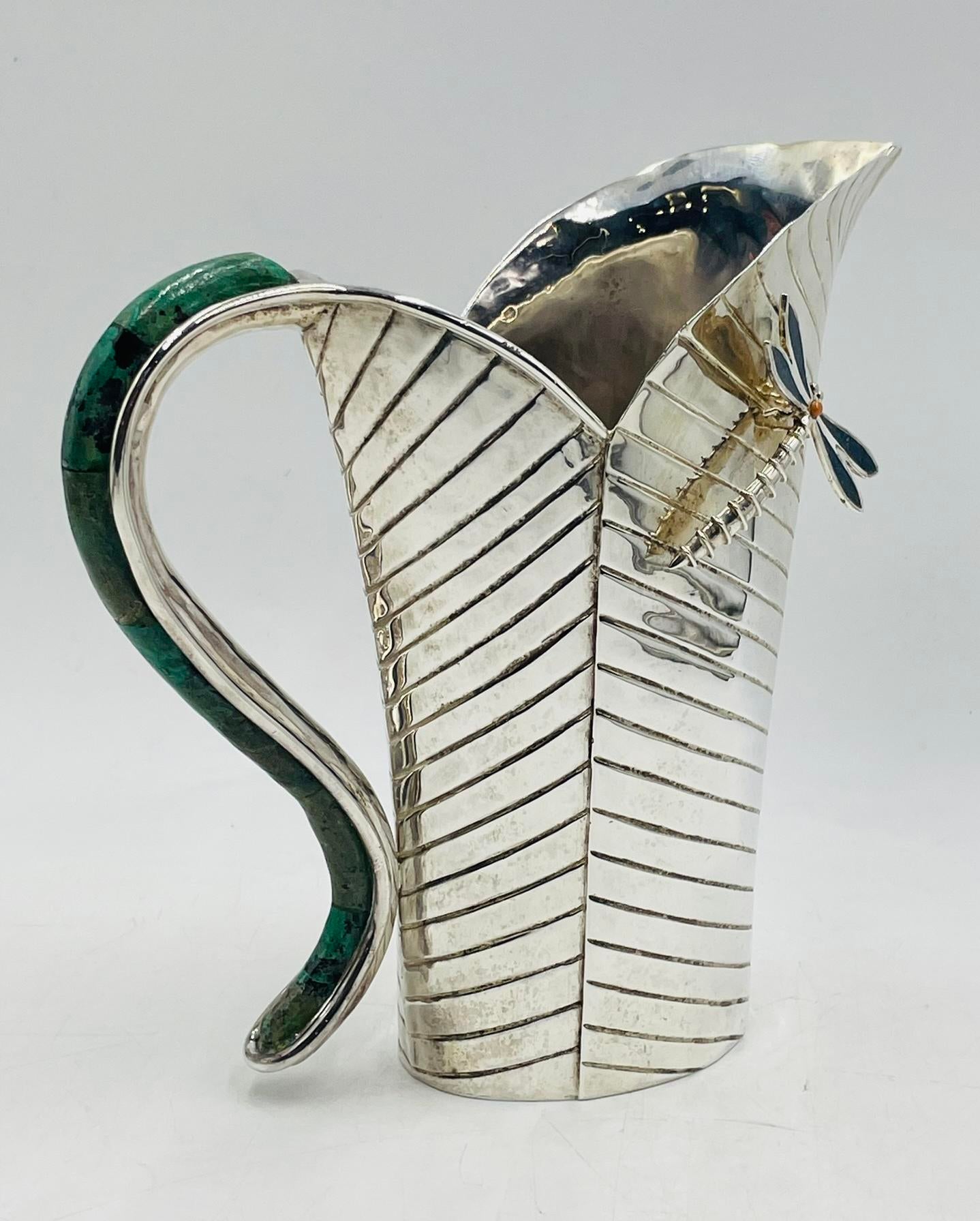 1980s Emilia Castillo Leaf-Form Silver Pitcher With Dragonfly