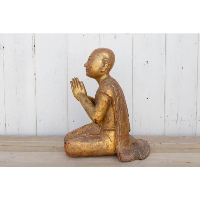 Elegant Burmese Gilded Praying Monk For Sale - Image 9 of 10