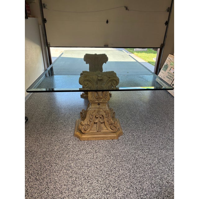 Wood Vintage Hollywood Regency Style Double Pedestal Glass Top Dining Table For Sale - Image 7 of 7