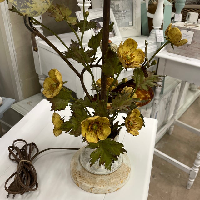 Yellow Vintage Metal Floral Toleware Lamp For Sale - Image 8 of 9
