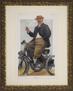 19th Century Antique Vanity Fair "Automobile" Man on Motorcycle Trike Print, 1899