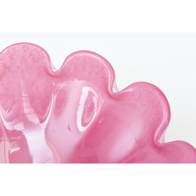 Vintage Murano Large Pink and Silver Foil Clam Shell Coiled Glass Bowl Signed For Sale - Image 9 of 11