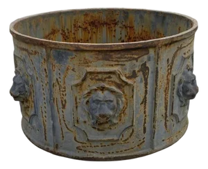 Vintage English Regency Cast Iron Round Lion Heads Gray Planter