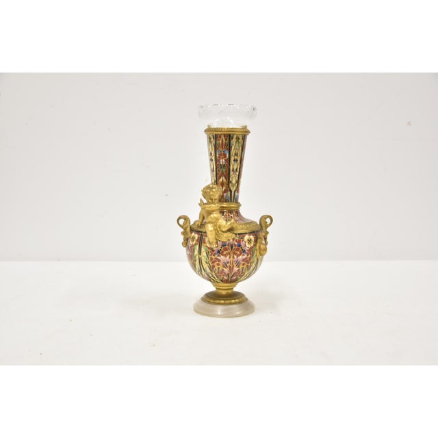 French Bronze & Champleve Enamel Cherub Vase FRENCH BRONZE & CHAMPLEVE ENAMEL VASE WITH GILDED BRONZE PUTTI & SNAIL ; WITH...