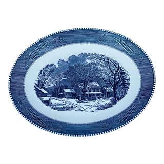 Vintage Royal China Usa Currier & Ives Blue Old Inn Winter Serving Platter For Sale