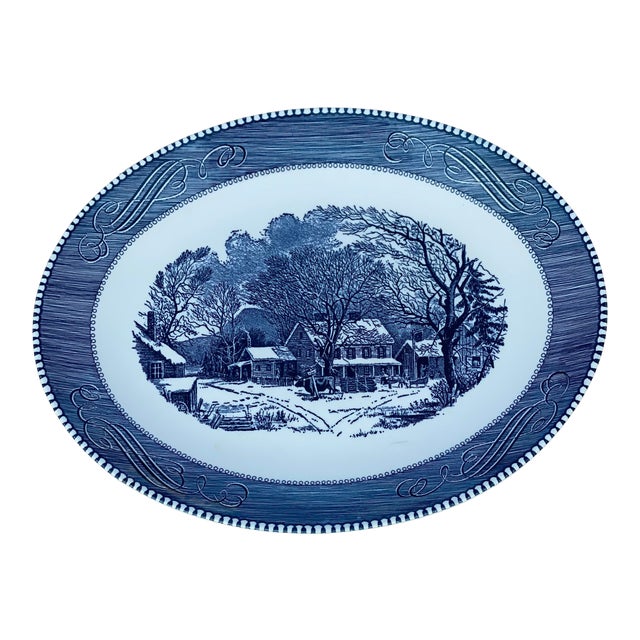 Vintage Royal China Usa Currier & Ives Blue Old Inn Winter Serving Platter For Sale