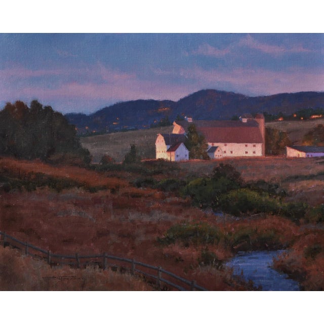 This oil painting captures a serene rural landscape at dusk, where soft hues of purple and orange blend harmoniously in...