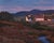 This oil painting captures a serene rural landscape at dusk, where soft hues of purple and orange blend harmoniously in...