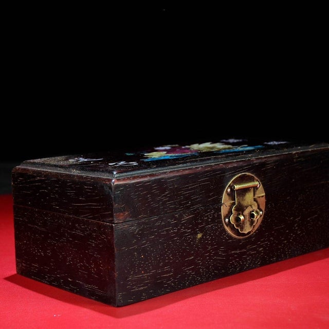 Chinese Vintage Chinese Rosewood Jewelry Box With Mother of Pearl "Qilin" Inlay - 25cm For Sale - Image 3 of 9