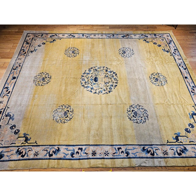 Light Yellow Antique Chinese Peking Rug, Handwoven Ningxia Medallion Pattern, Pale Yellow, 13' X 16' For Sale - Image 8 of 15