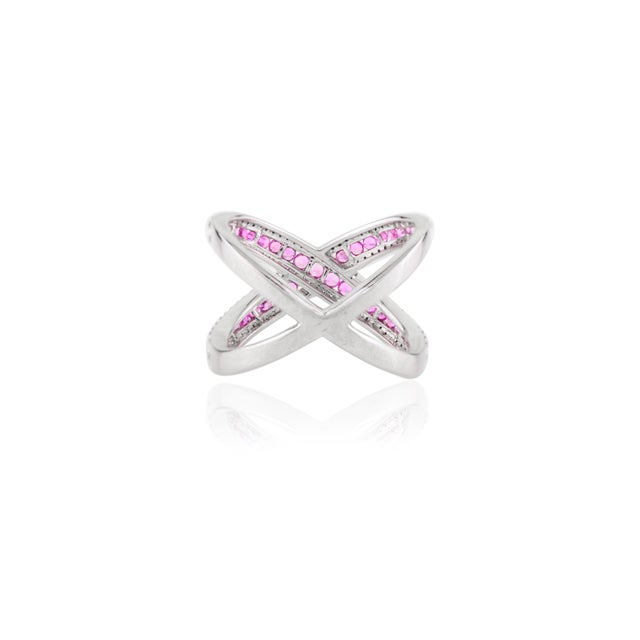 Metal Pink Sapphire & Diamond Criss Cross Cocktail Ring- Round Cut Gemstone Midi Finger Ring Size 6.5 For Sale - Image 7 of 11