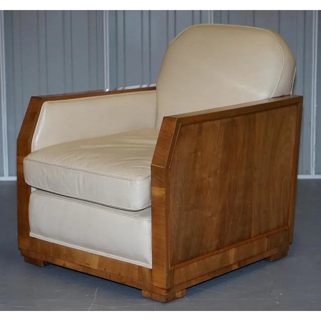 Art Deco Walnut & Cream Leather Sofa & Armchairs by Harry & Lou Epstein, Set of 3 For Sale - Image 3 of 18