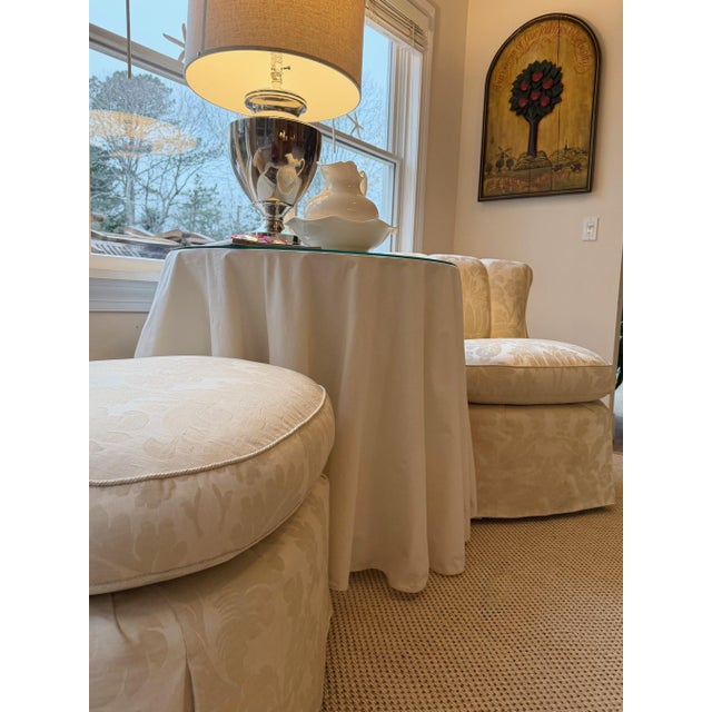Wood Custom Scallop Backed, Skirted Slipper Chairs in Cloud Dancer Damask, a Pair For Sale - Image 7 of 18