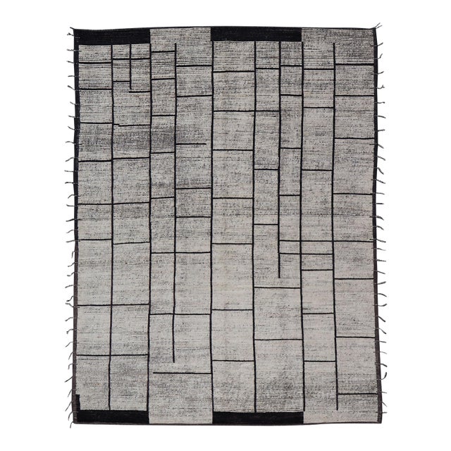 Casual Modern Wool Hand Knotted Black and White Large Scale Modern Rug For Sale