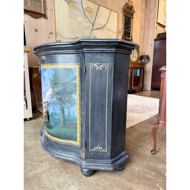 Italian Vintage Italian Hand Painted Curved Front Cabinet in Distressed Black For Sale - Image 3 of 10