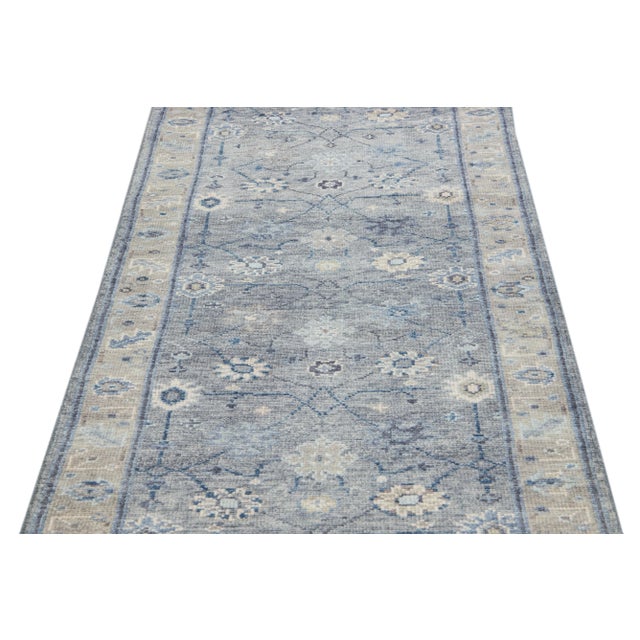 Contemporary Modern Gray and Beige Oushak Style Handmade Floral Motif Long Wool Runner For Sale - Image 3 of 9