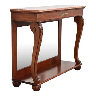 Ethan Allen French Empire Carved Cherry Wood Marble Top Console Table With Mirrored Back For Sale