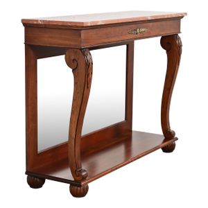 Ethan Allen French Empire Carved Cherry Wood Marble Top Console Table With Mirrored Back