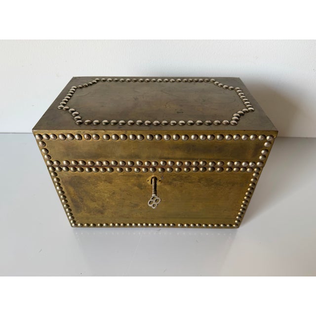 Handsome vintage Sarreid Ltd.-style decorative box featuring a richly patinated brass-clad exterior accented with hand-...