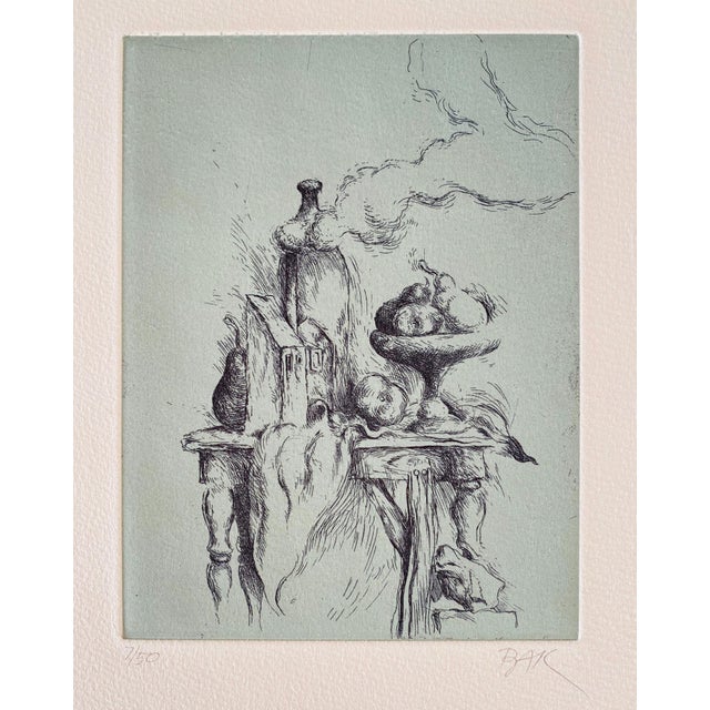 Samuel Bak, Samuel Bak Surrealist Etching Israeli Bezalel Artist "Hidden Pear", Fruit Bowl For Sale