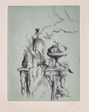Samuel Bak, Samuel Bak Surrealist Etching Israeli Bezalel Artist "Hidden Pear", Fruit Bowl