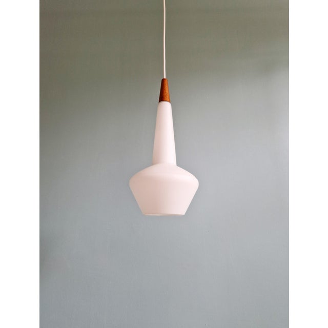 Scandinavian Pendant Light in Satin White Opaline Glass and Teak, 1960s For Sale - Image 10 of 14
