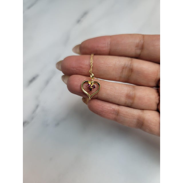 Contemporary Heart Shaped Cluster Ruby Necklace 14k Yellow Gold 16" For Sale - Image 3 of 3