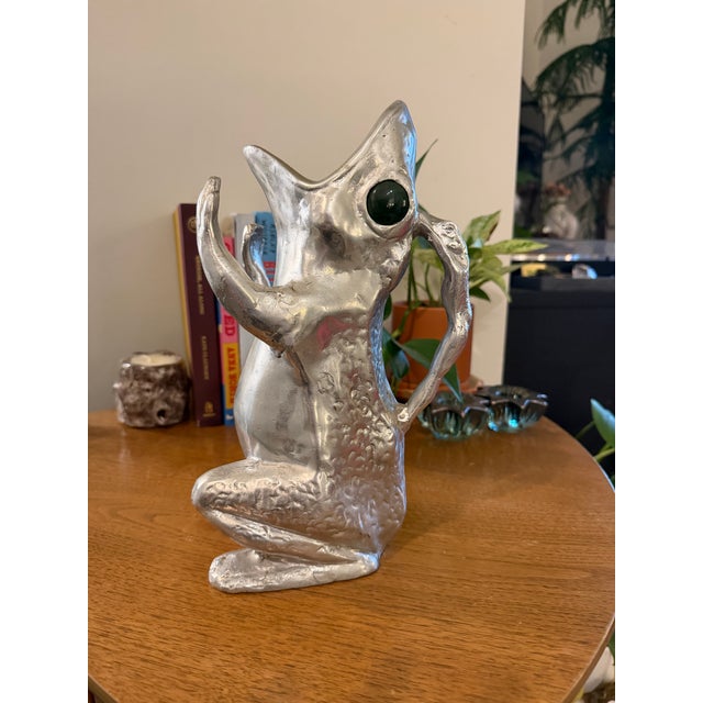 Authentic stamped and in good condition Aluminum Arthur Court 1979 frog pitcher with intact jade eyes