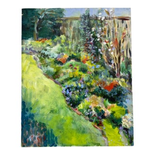 Garden Landscape + Fence Acrylic on Canvas, Unknown Artist. For Sale