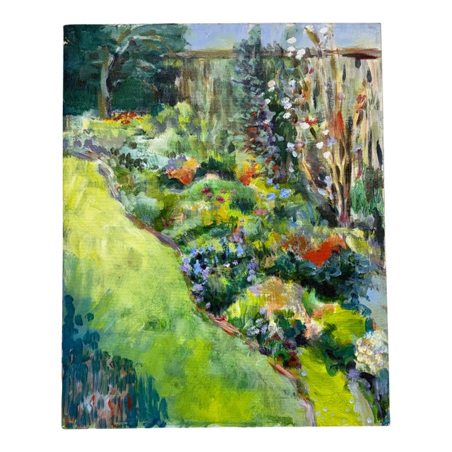 Garden Landscape + Fence Acrylic on Canvas, Unknown Artist. For Sale