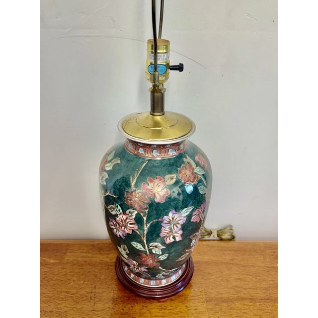 1970s Vintage Asian Floral Cloisonne Style Ceramic Ginger Jar Table Lamp Hand Painted For Sale - Image 5 of 15