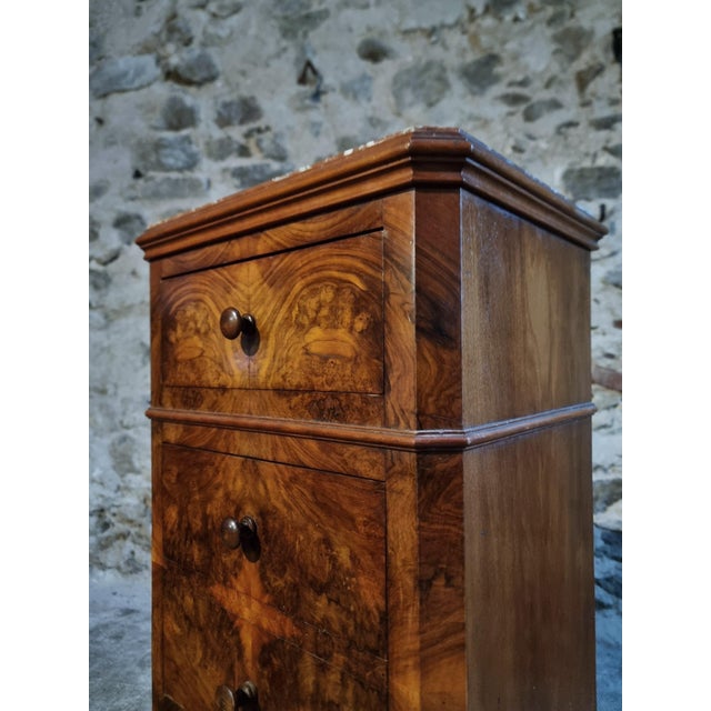 French Bedside Cabinet with Burr Walnut Veneer and Marble Top, 1900s For Sale - Image 9 of 17