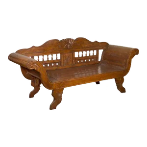 Early 20th Century Plantation Javanese Teak Settee with Carved Décor & Out-Scrolling Arms