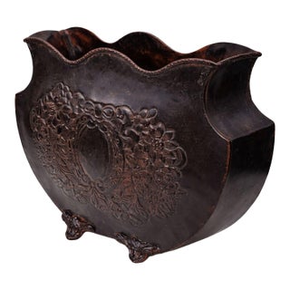 Vintage Embossed Metal Magazine Rack | Ornate Floral Motif | Aged Patina Decorative Storage For Sale