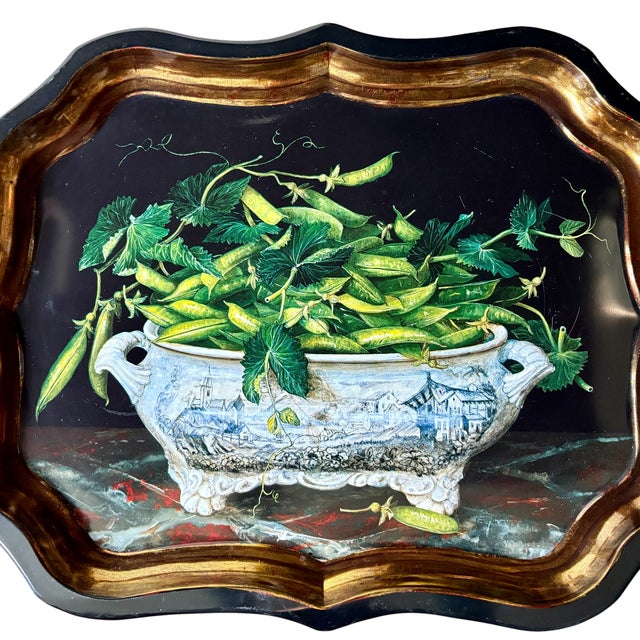 English Keller Charles Toleware Serving Tray With Stephanie Hoppen Artwork Featuring Blue and White Porcelain For Sale - Image 3 of 11