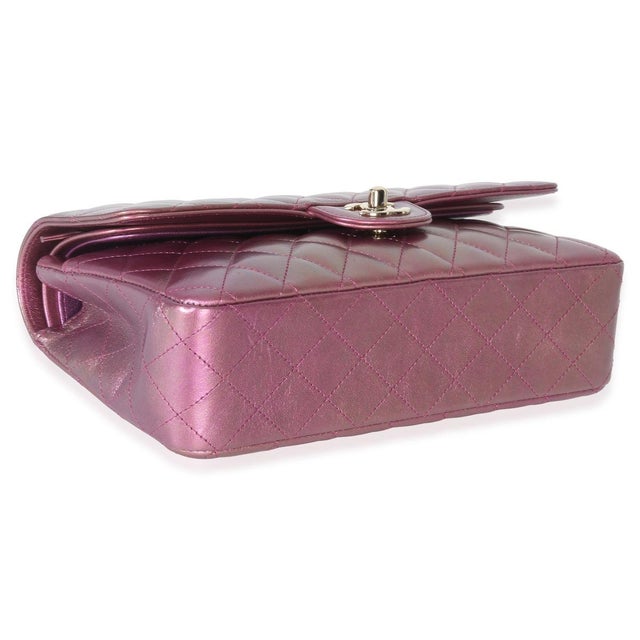 Dark Pink Iridescent Quilted Lambskin Medium Classic Double Flap Bag For Sale In New York - Image 6 of 9