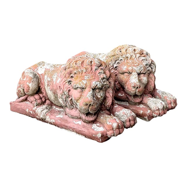 Vintage Cast Cement Garden Lion Figures - Pair For Sale