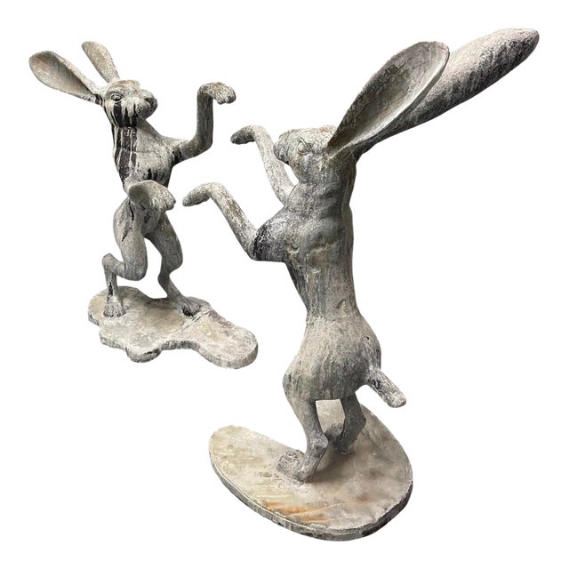 A Pair of Vintage Cast Iron Boxing Hares Garden Statues For Sale