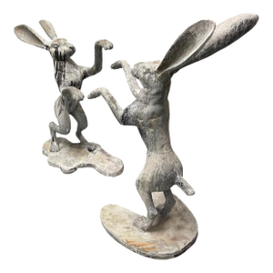 A Pair of Vintage Cast Iron Boxing Hares Garden Statues