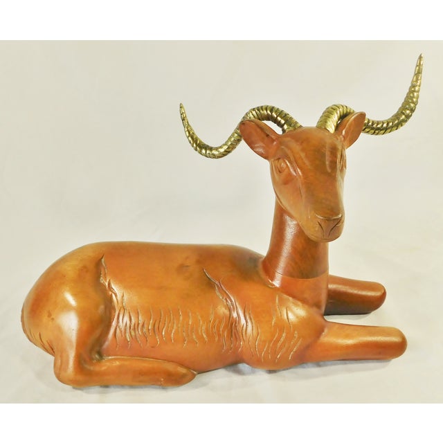 Mid-Century Modern Large Vintage Mid Century Carved Wood Antelope Sculpture With Brass Horns For Sale - Image 3 of 10