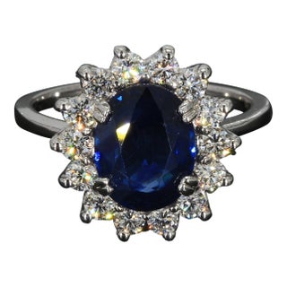 14k White Gold "Princess Diana" Diamond Halo Ring With Blue Sapphire - Size 5 For Sale