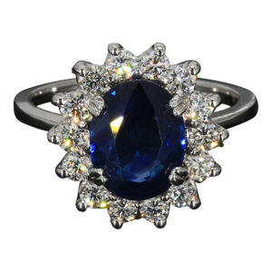 14k White Gold "Princess Diana" Diamond Halo Ring With Blue Sapphire - Size 5