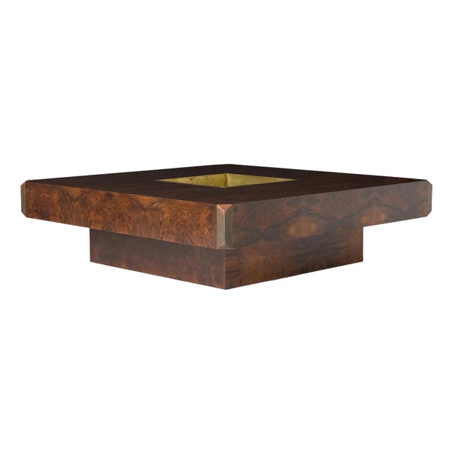 Square Alveo Coffee Table in Walnut Burlwood and Brass by Willy Rizzo for Sabot Design For Sale