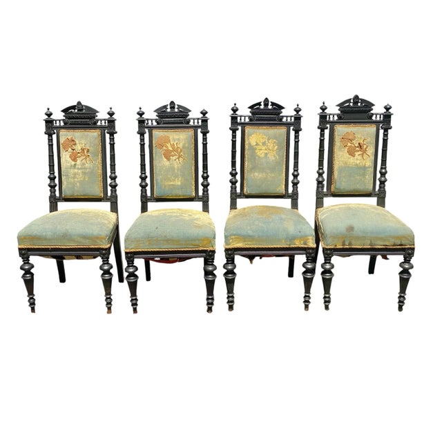 Bay Colony Antiques is pleased to offer for sale this striking set of four 19th century High Victorian side chairs, richly...