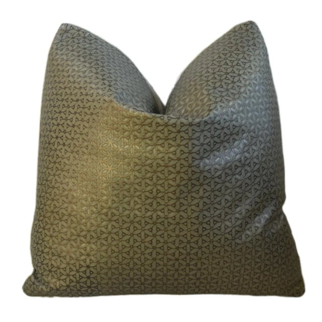 Embossed Brazilian Tanned Leather Green Floral Feather/Down Pillow For Sale - Image 9 of 9